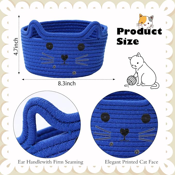 Zopeal Cat Basket Storage Woven Organizer with Ears Easter Decorative Gift Pet Toy Cute Cotton Rope Basket for Gift Cat Dog Toy Bin Nursery Room(8.3 x 4.7 Inch,Royal Blue)