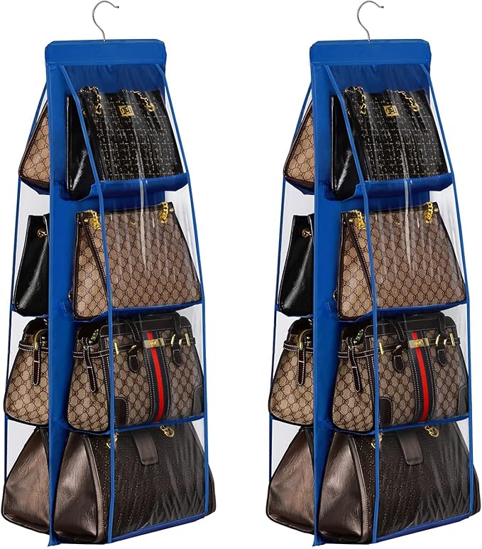 Lirex 2-Pack Handbag Hanging Purse Organizer for Closet, 8 Pocket Handbag Storage Organizer Hanger Oxford Cloth Closet Organizer for Family Closet Bedroom, Foldable and Universal Fit, Blue