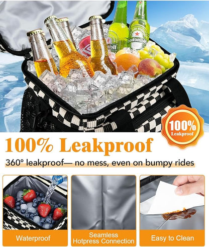 Insulated Lunch Bag for Women, Double Leakproof Lunch Box Soft Cooler Tote with 5 Pockets, 600D Oxford, EVA Lining, Adjustable Strap for Work, Picnic, Beach&Travel- Corduroy Black Checkered