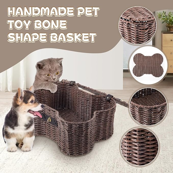 Barydat 2 Set Large Small Dog Toy Basket with Lid Bone Shaped Basket for Dog Natural Wicker Woven Handmade Pet Puppy Toy Organizer and Storage Box Bin for Cats Brown