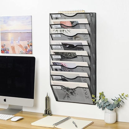 PAG Hanging Wall File Holder Organizer Mail Sorter Literature Rack for Office, 8 Pockets, Black
