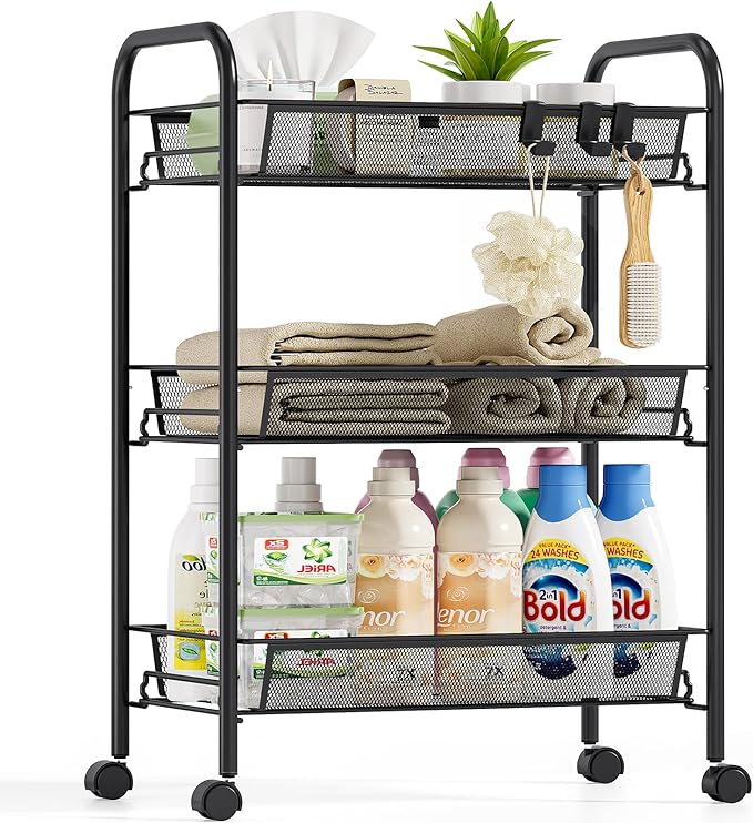 Metal Rolling Utility Cart, 3-Tier Mesh Wire Storage Trolley with Easy Assembly, Organizer Craft Cart 3 Hooks, Mobile Shelving Unit for Kitchen, Bathroom, Laundry Room, and Home