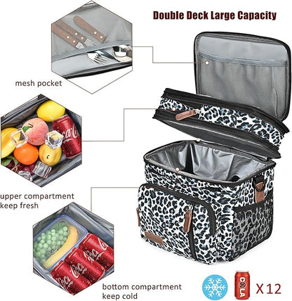 MIYCOO Lunch Bag & Lunch Box for Women Men, Double Deck Leakproof Insulated Soft Large Adult Camping Cooler bag for Work, Beach, Picnic, Travel (Leopard print, 15L)