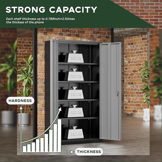 Greenvelly Metal Garage Storage Cabinet, 72" Black Gray Tool Steel Locking Cabinet with Doors and 4 Shelves, Tall Cabinets for Garage Storage Systems Lockable File Cabinet for Home Office,Garage