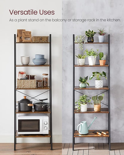 VASAGLE Ladder Shelf, 5-Tier Bookshelf, Storage Rack, Bookcase with Steel Frame, for Living Room, Home Office, Kitchen, Bedroom, Industrial Style, Rustic Brown and Ink Black ULLS45X