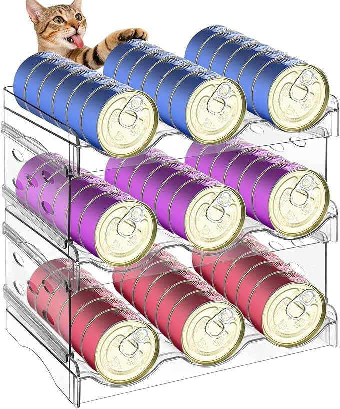 Cat Food Can Organizer, 3-Layer Clear Acrylic Cat Food Storage Rack, Acrylic Can Organizer for Pantry, Canned Food Organizer Holds 45 (3oz) Cans, Pantry can Organizer