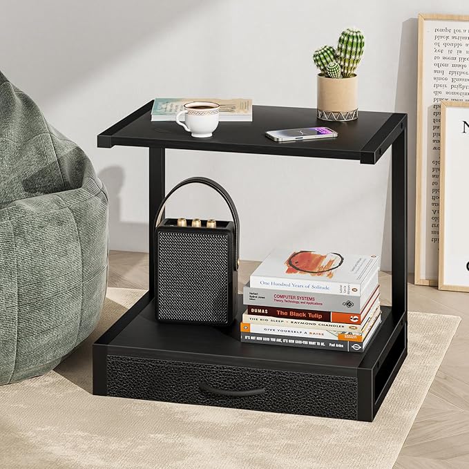YAOHUOO 2-Tier Desktop Printer Stand with Fabric Drawer, Prtiner Table with Storage Shelf, Desk Organizer for Home Office,3D Printer,Fax Machine,Scanner, 17.3"x11.8" Black