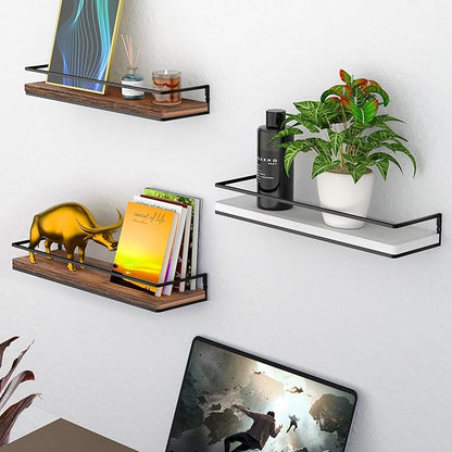Meangood Floating Shelves Wall Mounted Set of 2, Rustic Wood Wall Storage Shelves for Bedroom,Living Room,Bathroom, Kitchen Rustic Brown