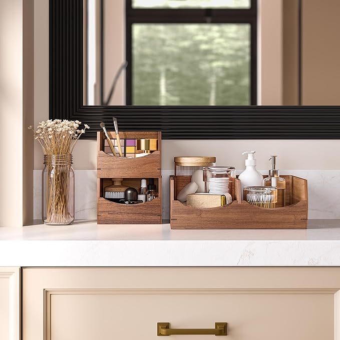 Seville Classics Premium Organizer Storage Bins for Kitchen Silverware, Pantry, Closet, Office Desk, Pens, Utensils, Makeup, K Cup, Acacia, Stackable Bin Set (3 Piece)