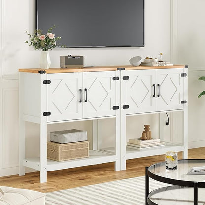 Entryway Console Table with Power Outlets and USB Port, Coffee Bar Cabinet with Doors, Farmhouse Kitchen Cabinets Sofa Table with Storage for Hallway, Foyer, Living Room, Pale Walnut Panel