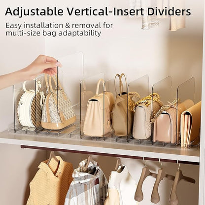 Stackable Bag & Purse Organizer for Closet Acrylic Shelf Dividers for Closet Organization, Clear Handbag Purse Storage Organizer Divider, Keep Clutch, Wallet, Pocketbook Upright, 6 Pack