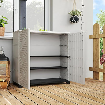 HOMSPARK Indoor/Outdoor Storage Cabinet with Doors and 2 Metal Shelves, 34”x15”x34” HDPE Plastic Storage Box for Patio, Garden, Enterway, Balcony, Multi-Purpose for Daily Tools, White