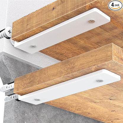 Goovilla Shelf Brackets, Heavy Duty Floating Shelf Bracket 10 Inch for 2×4” Wood Stud, 4 Pack L Brackets for Shelves, White Metal Wall Shelving Brackets, Shelf Support Brackets, 160 lb. Load Capacity