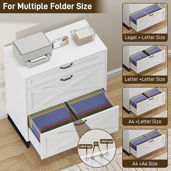 File Cabinet 3 Drawers Lateral File Cabinet for Letter/Legal/A4 Size Hanging Files, Large Wood File Storage Cabinets Printer Stand for Home Office, White and Black