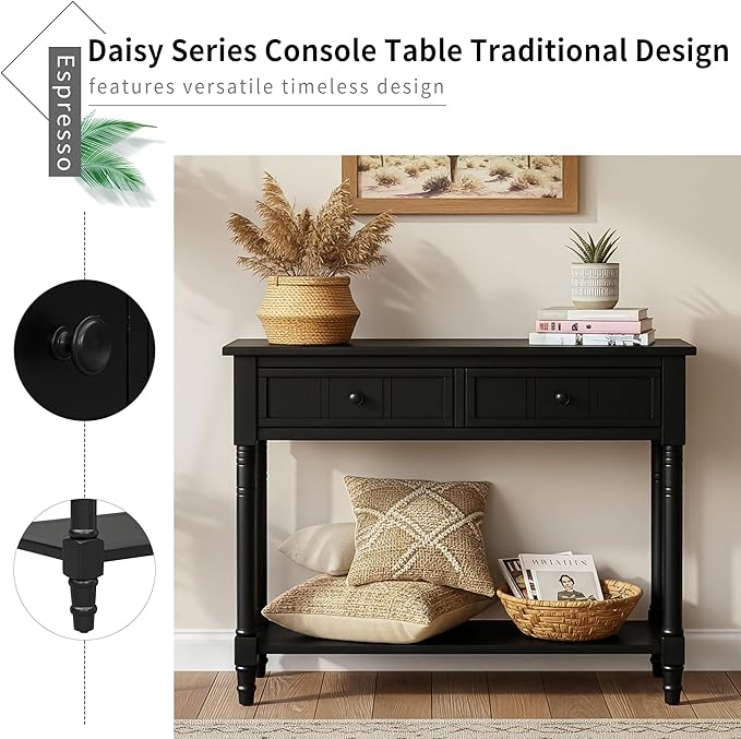 35.34" Console Table Traditional Design with Two Drawers and Bottom Shelf,Black