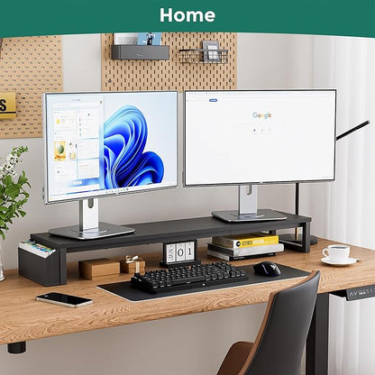Dual Monitor Stand Riser, 41.5'' Extra Long Wood Monitor Stand Desktop Organizer with Side Pocket, Ergonomic Monitor Riser Supports 2 Monitors,TV,Laptop,Printer for Home Office, Black