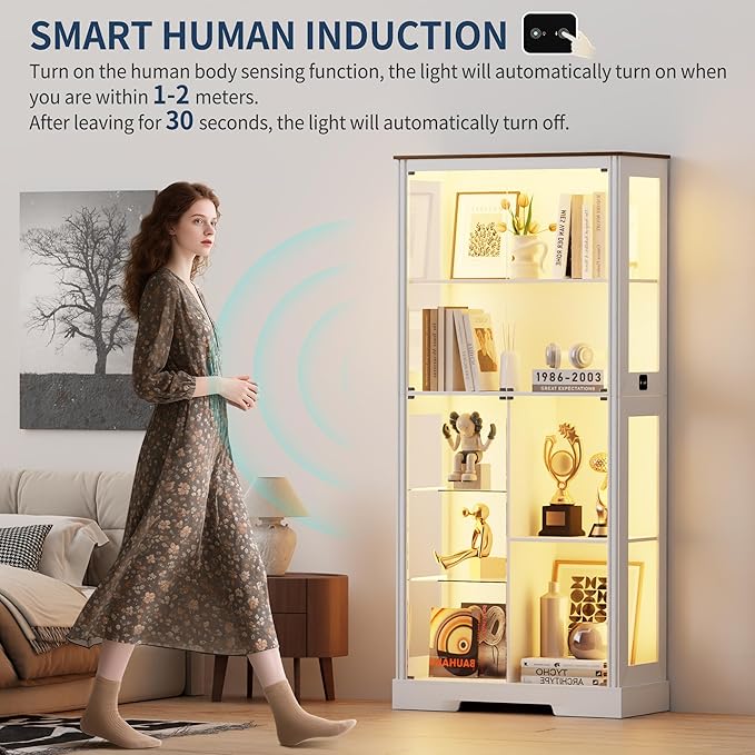 HNEBC 71'' Display Cabinet with 5-Tier and 3 Color Lights for Books Toys Liquor,Curio Cabinet with Human Body Bookcases for Bedroom, Living Room,White