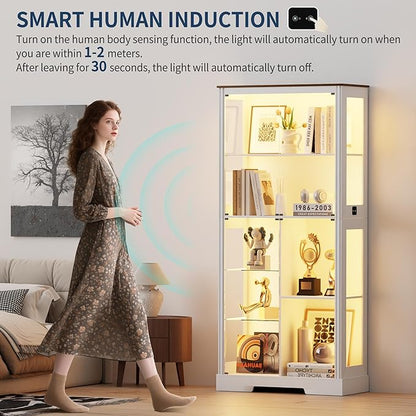 HNEBC 71'' Display Cabinet with 5-Tier and 3 Color Lights for Books Toys Liquor,Curio Cabinet with Human Body Bookcases for Bedroom, Living Room,White
