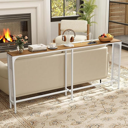 Giantex 71" Narrow Console Table with 2 Power Outlets and USB-C Ports, Sofa Tables with Charging Station & Metal Frame, Skinny Behind Couch Tables, Long Entryway Tables for Living Room, Natural+White