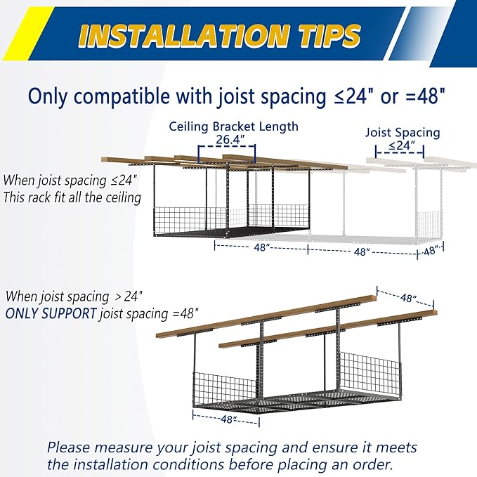 GIOTORENT Garage Ceiling Storage Racks, 96" W x 48" D x 22-42" H Overhead Garage Storage Rack, Heavy-Duty Carbon-Steel 700lbs Rating, Adjustable Mounted Rack System with Side Guards