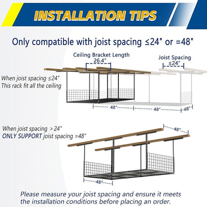 GIOTORENT Garage Ceiling Storage Racks, 96" W x 48" D x 22-42" H Overhead Garage Storage Rack, Heavy-Duty Carbon-Steel 700lbs Rating, Adjustable Mounted Rack System with Side Guards