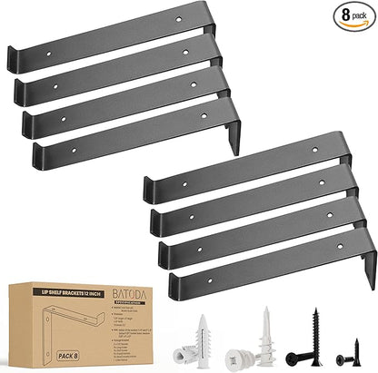 BATODA 12” Shelf Brackets with Lip (Match 11.25" Board) - 8 Pcs Z Shelf Bracket Black - Heavy Duty Hook Brackets for Shelves - Wall Mounted Support for DIY - Shelving Hardware Included (Pack 8)