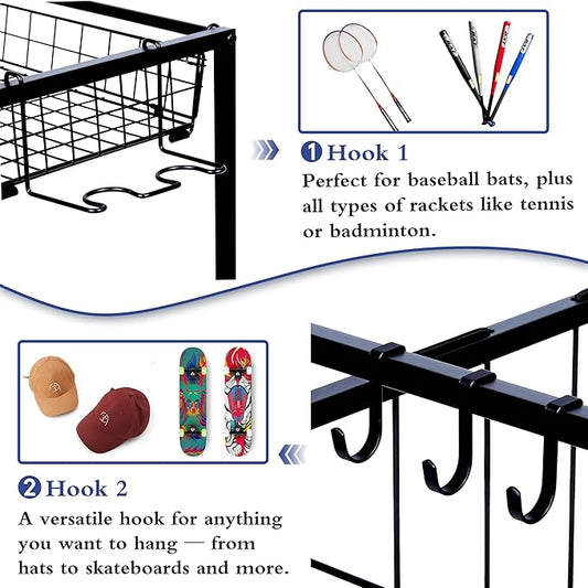 Sports Equipment Organizer, Ball Storage Rack with Elastic Straps and Removable Basket for Garage Organization, Garage Organizer with Hooks for Toy Sports Gear Storage, Sports Ball Storage Cart, Black