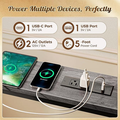 Huuger 141.7 Inch Sofa Table with Power Outlets and USB-C Ports, 5.9 Inch Narrow Entryway Table, Behind Couch Table with Storage, Extra-Long Console Table, Living Room, Grey
