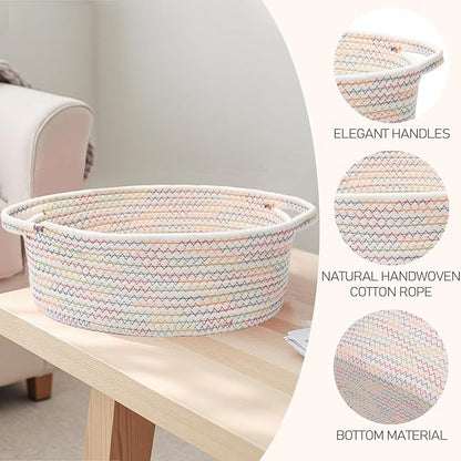 Woven Basket,Small Rope Storage Bin with Handles & Ribbon Bag, Organizer for Shelves Closets,Gift Basket Empty for Birthday,Books,Dog Toys, Colorful