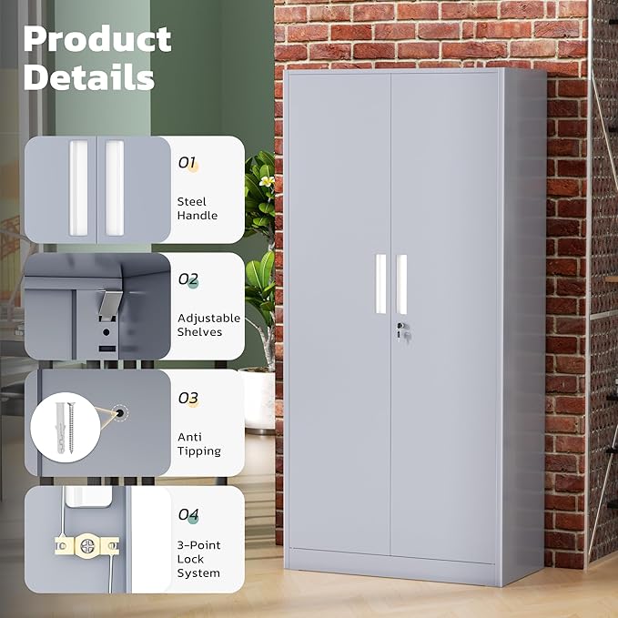Greenvelly Metal Lockable Storage Cabinet, 72” Tall Storage Cabinet with 2 Doors and 4 Adjustable Shelves for Office, Home, Garage, Pantry (Assembly Required, 18”D, Drak Grey)