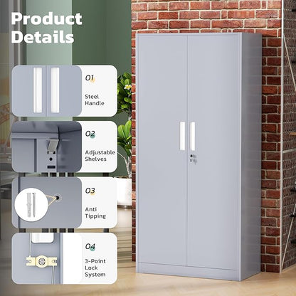 Greenvelly Metal Lockable Storage Cabinet, 72” Storage Cabinet with 2 Doors and 4 Adjustable Shelves for Office, Home, Garage, Pantry (Assembly Required, Dark Grey)