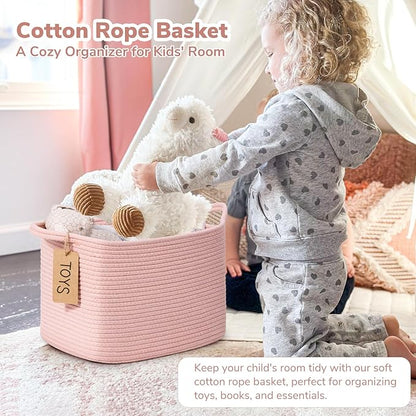 Goodpick Woven Storage Basket for Shelves, Small Baskets for Organizing, Rectangle Baby Nursery basket, Towel Baskets for Bathroom, Living Room, 13 x 10 x 9 Inches, Light Pink