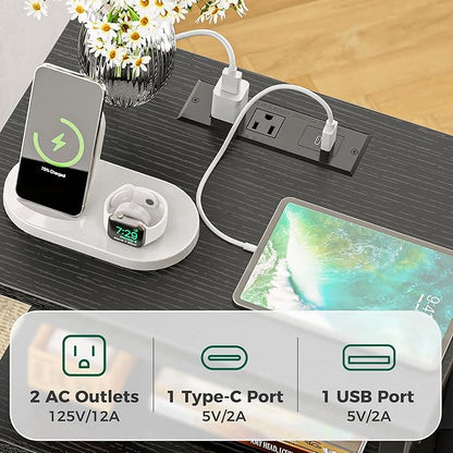 Huuger Nightstands Set of 2, End Tables with Charging Station, Side Tables with Fabric Drawers, Bedside Tables with USB Ports and Outlets, Night Stands for Bedroom, Black