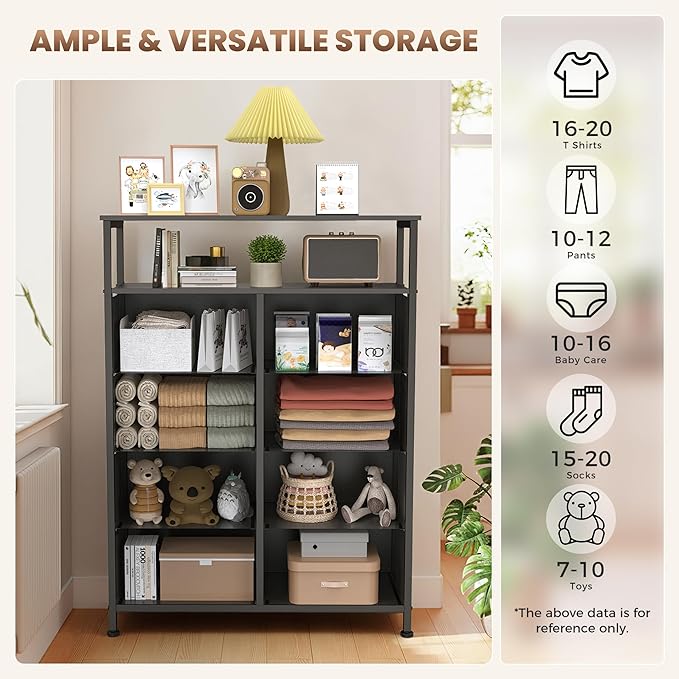DUMOS Fabric Dresser for Bedroom with 8 Drawers, Tall 8-Drawer Chest of Drawers with Raised Shelf, Storage Tower with Fabric Bins for Closet Organization, Hallway Storage, Grey