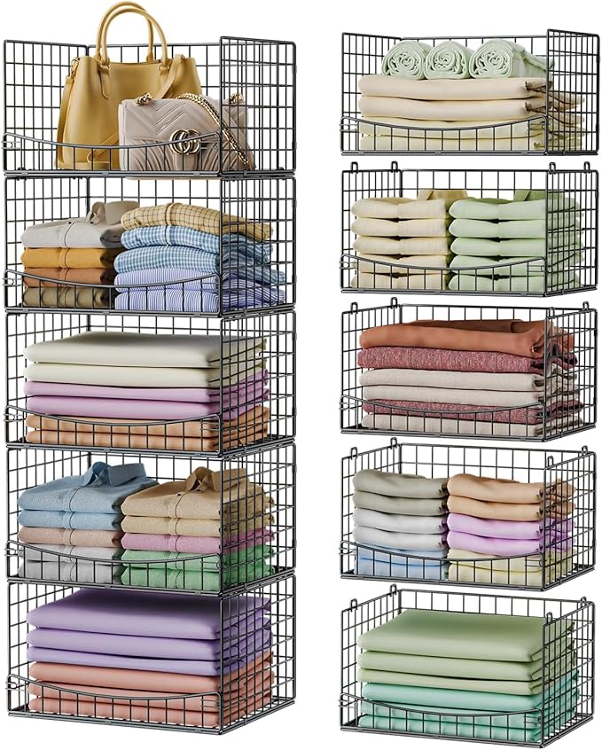 5-Tier Stackable Closet Organizers and Storage Shelves, Extend Clothing Closet Shelf Bins for Wardrobe Kitchen Office Bathroom, Clothes Organizer System-Wider Mouth Design, Black