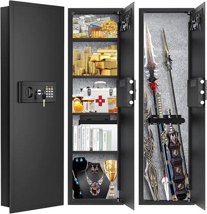 47.3" Tall Fireproof Wall Safes Between the Studs 16" Centers, Large Hidden Flush Wall Safe with 4 Removable Shelf & 6 Key Hooks, 48LB Heavy Duty In Wall Safe for Home, Money, Jewelry, Valuables