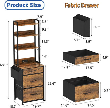 GYIIYUO 3 Drawer Tall 69''H File Cabinet with Charging Station, 4-Tier Filing Cabinet with Adjustable Shelf, Fabric Drawer, Printer Stand for Home Office, Fits A4/Letter/Legal, Rustic Brown