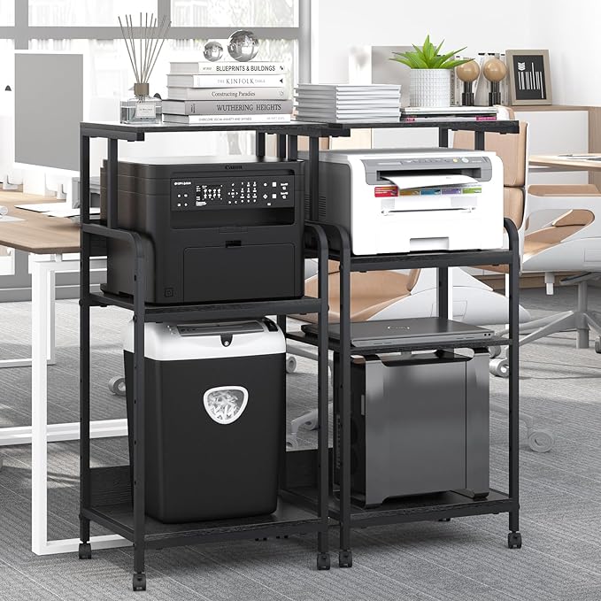4 Tier Stand with Storage Shelf, Tall Mobile Printer Table for Home Office, Adjustable Stands for Heat Press Scanner Fax (Black)