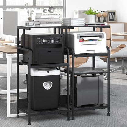 4 Tier Stand with Storage Shelf, Tall Mobile Printer Table for Home Office, Adjustable Stands for Heat Press Scanner Fax (Black)