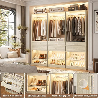 Unikito 25” W x 80'' H Closet System Organizer with Hanging Rod and 2 Wooden Drawers, Adjustable Shoes Rack, Sturdy Garment Racks, Walk-in Closet Tower for Bedroom, Mudroom, and Entryway, White Oak