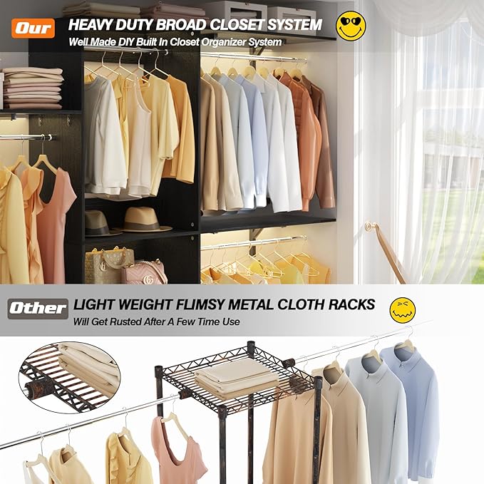 Armocity 96'' Closet System, 8FT Walk In Closet Organizer with 3 Shelving Towers, Heavy Duty Bedroom Wardrobe with 5 Shelves, Wall Mounted Clothes Rack (Can Be Cut To Fit), 96"L x16"W x75"H, Black