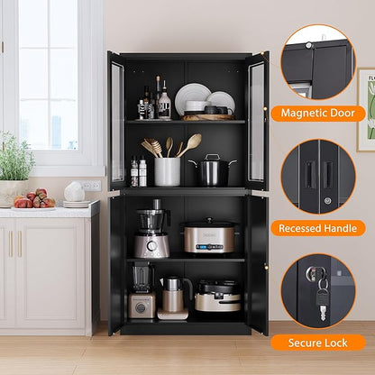 Metal Storage Cabinet with Glass Doors, Lockable Office Storage Cabinet, 71" Tall Display Case with Adjustable Shelves for Home Office,School and Hospital (Black)