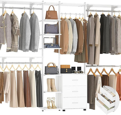 Aheaplus Closet System with Drawers, Closet Organizer System Storage with Shelves, 96'' Walk-in Closet with 5 Hanging Rods, Heavy Duty Wall Mounted Clothes Wardrobe Garment Rack,-Metal Frame, White