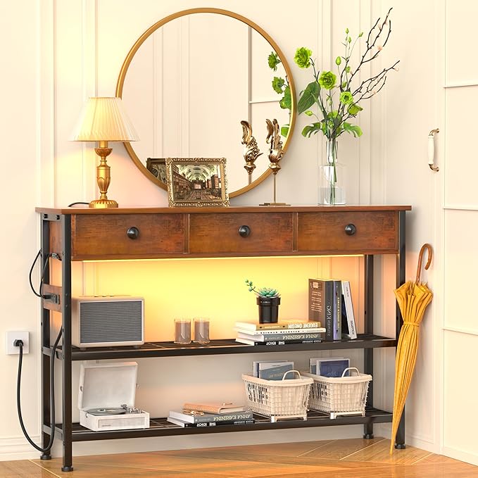 47" Narrow Console/Entryway Table with Storage & 3 Drawers & Outlets, for Sofa & Living Room, Hallway/Foyer/Couch/TV/ Aquarium Stand Table for Entryway with USB Ports, LED Light Strip,Perfect for Home