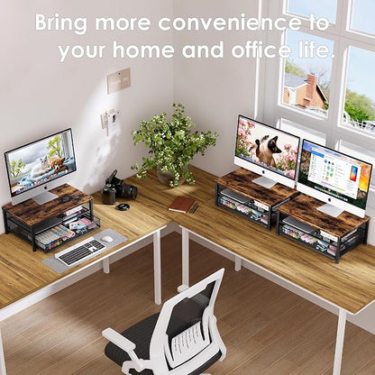 OPNICE Wood Computer Monitor Stand Riser, Desk Organizer with Drawer, Laptop Stand, Office Desk Accessories & Workspace Desktop Organizers Storage for Office Supplies(Brown)