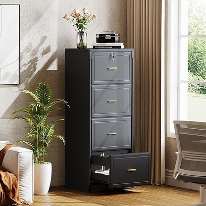 Tribesigns 4-Drawer File Cabinet with Lock, Locked File Cabinet with Key, Tall Wooden Filing Cabinets for Home Office, Vertical Office Storage for Legal Size/Letter/A4/Files, Black