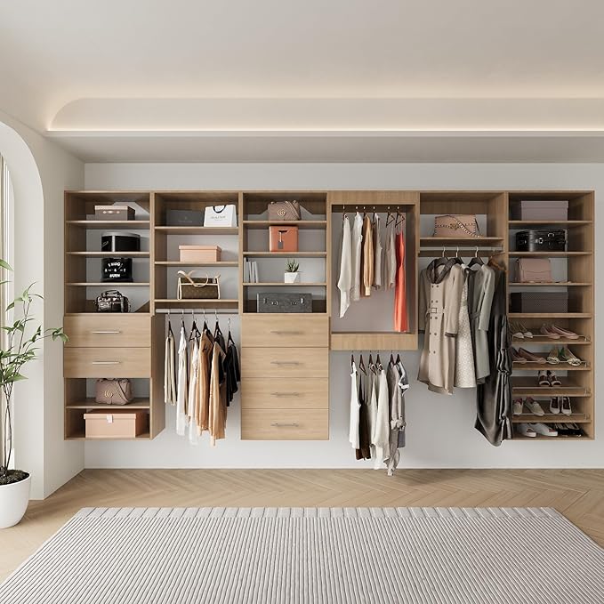 Modular Closet Organizer, 55" Wide with Towers and Hanging, Wood Tower Storage for Walk In Closets, Wall Mounted Wardrobe Organizer