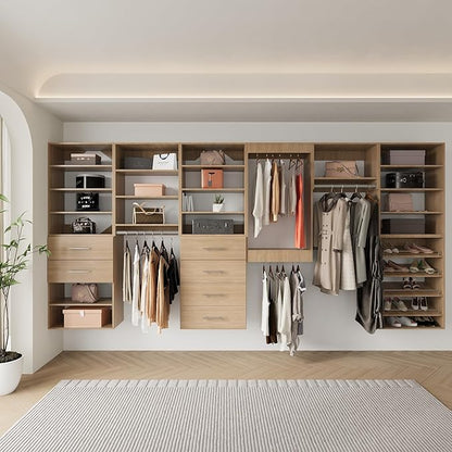 Modular Closet System, 66" Wide Closet Organizer System with Hanging Shelving , Wood Tower Closet Storage for Walk In Closets, Wall Mounted Wardrobe Organizer Kit System, Bedroom, Wood