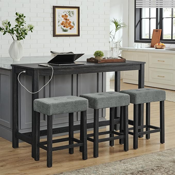 59" Power Outlet Mid Century Console Table, Slim Console Table with Solid Wood Frame, Long Narrow Console Tables for Living Room & Kitchen, Black