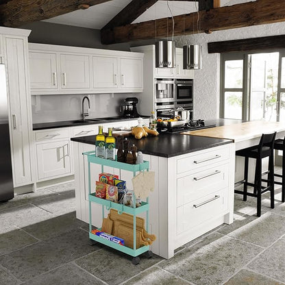 Simple Houseware 3-Tier Slim/Narrow Storage Cart with Handle, 5.5'' Wide x 26.5'' Height Rolling Organizer for Kitchen, Bathroom, Laundry Room - Turquoise
